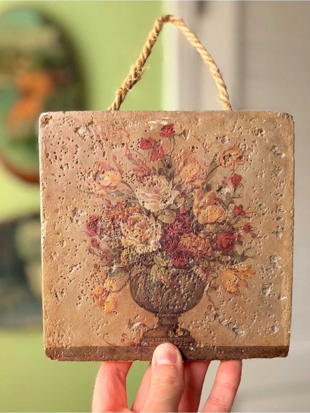 Vintage Rustic Plaque with Potted Floral Arrangement Bouquet by Barbara Mock